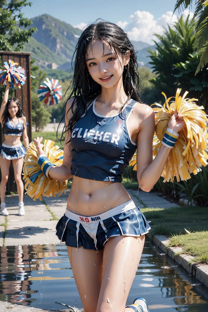 黒髪をかき上げ、紺と黄色のチアユニフォームを着た美少女が、雄大な山々を背景に晴れた屋外で笑顔を見せる。清々しい季節感とアニメ調の可愛らしい表情が印象的です。