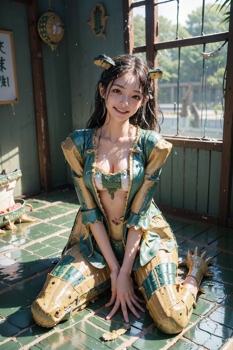 東アジア風の緑と金色の衣装を身にまとった少女が、和風の館で優雅に微笑むポートレートです。格子窓から差し込む柔らかい光が、髪飾りと衣装の華やかな色合いを引き立てています。