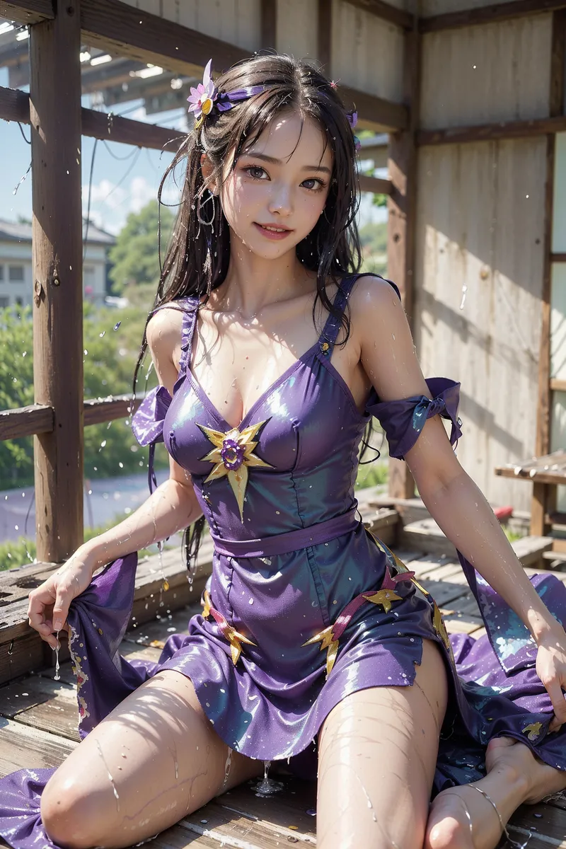 紫と金色の星模様が施されたドレスを身に纏い、花飾りをあしらった長髪をなびかせた少女のポートレート。古い木造の縁側で水しぶきに包まれながら、柔らかい笑顔で視線を向ける優雅な姿が印象的です。