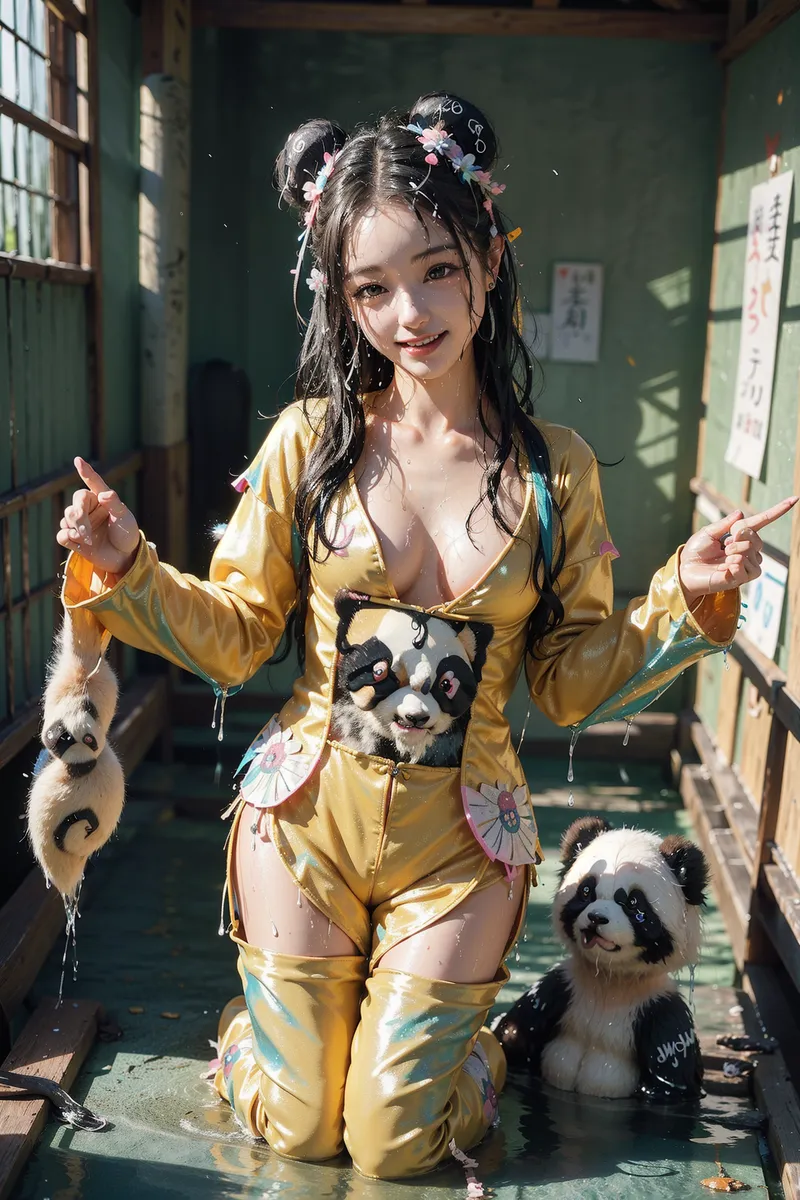黄色いジャンプスーツに花飾りをあしらった髪で、古い校舎のような緑の建物内で微笑む美少女のアニメ調イラストです。光が差し込む窓や掲示物のある空間で、優雅で親しみやすい表情を浮かべています。