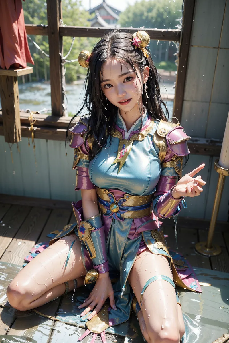 紫と青を基調とした豪華な東洋風衣装に身を包んだ美少女が、古風な建物の窓辺で優雅な表情を見せています。金色の装飾と髪飾りが陽光に輝き、幻想的な雰囲気を醸し出しているアニメ調イラストです。