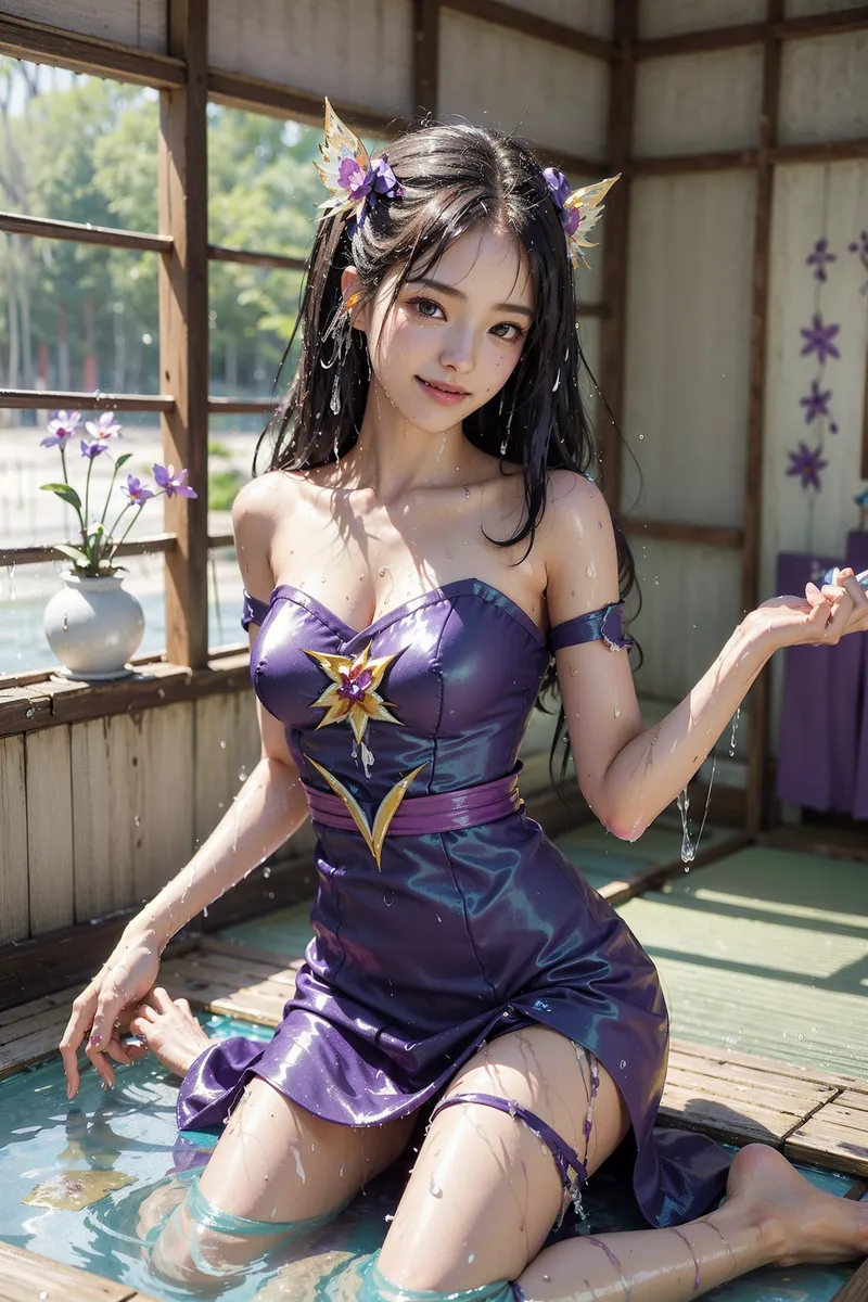 和風の室内で紫色のオフショルダードレスを身にまとい、髪には紫の花飾りと金色の装飾をあしらった美少女が、窓からの自然光を浴びながら優雅な表情を見せるアニメ調ポートレート。清潔感のある笑顔が印象的です。