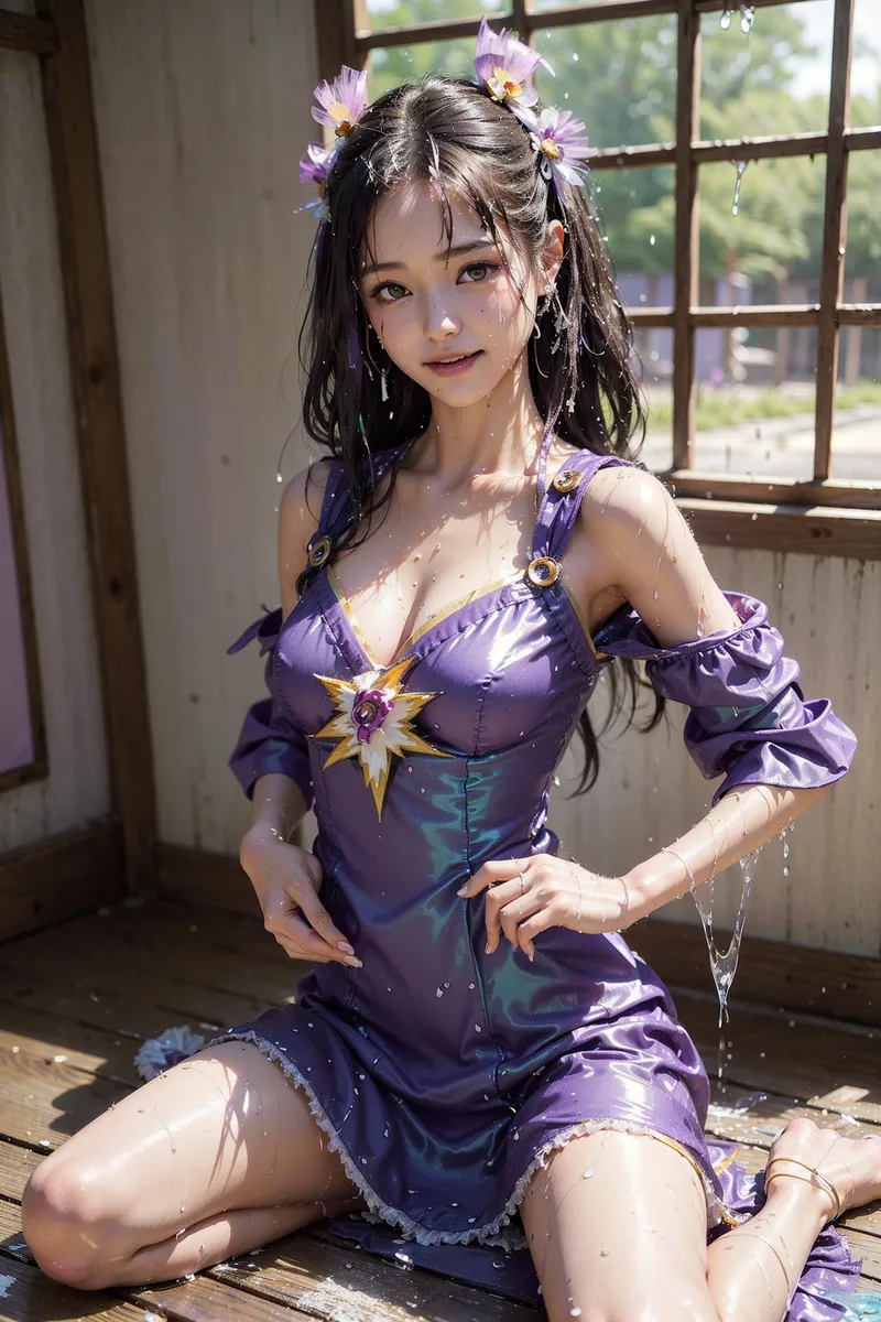 紫と黄色の花を髪に飾った美少女が、窓辺の自然光の中で優雅な表情を見せています。紫のドレスとアクセサリーで統一感のある、ファンタジックなアニメ調イラストです。