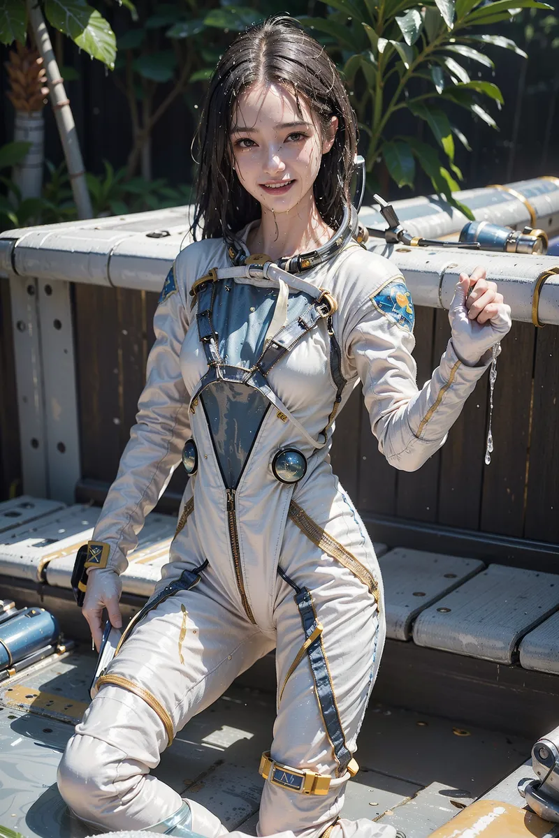 白とブルーの宇宙服に身を包んだ少女が、陽光溢れる屋外で爽やかな笑顔を浮かべています。緑の植物と金属製の船体に囲まれた背景で、探索ミッションへの期待が伝わるアニメ調イラストです。