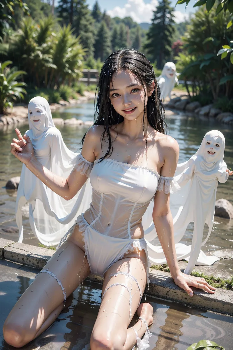 豊かな森に囲まれた清流のほとりで、白いオフショルダーの衣装に身を包んだ美少女がカメラに微笑みかけています。濡れた髪と肌に陽光が差し込み、自然光に包まれた爽やかなポートレートです。