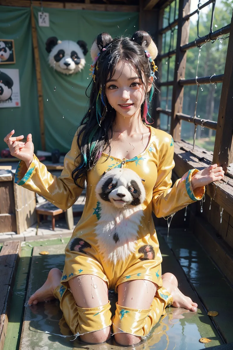 黄色の清潔感のある衣装にパンダのモチーフが施された美少女が、室内でこちらを向いて明るく笑顔を見せています。パンダ模様の髪飾りと背景のパンダアート、水が流れる環境が東洋的で優しい雰囲気を演出しています。