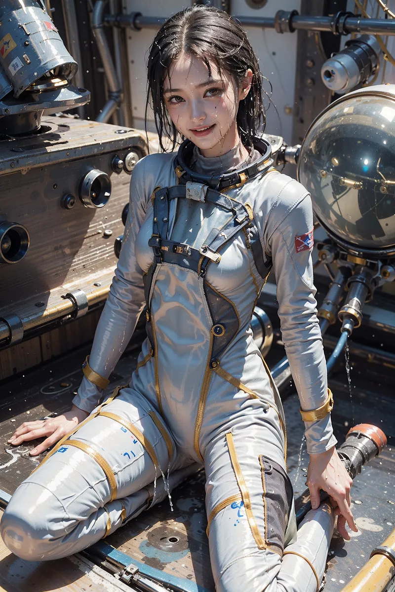 宇宙船の機関部を背景に、白とグレーの宇宙服とハーネスを身につけた少女が爽やかな笑顔を浮かべています。黒髪が逆光に透け、金属的な装置に囲まれた未来的な空間で、清潔感あふれるポートレート作品です。