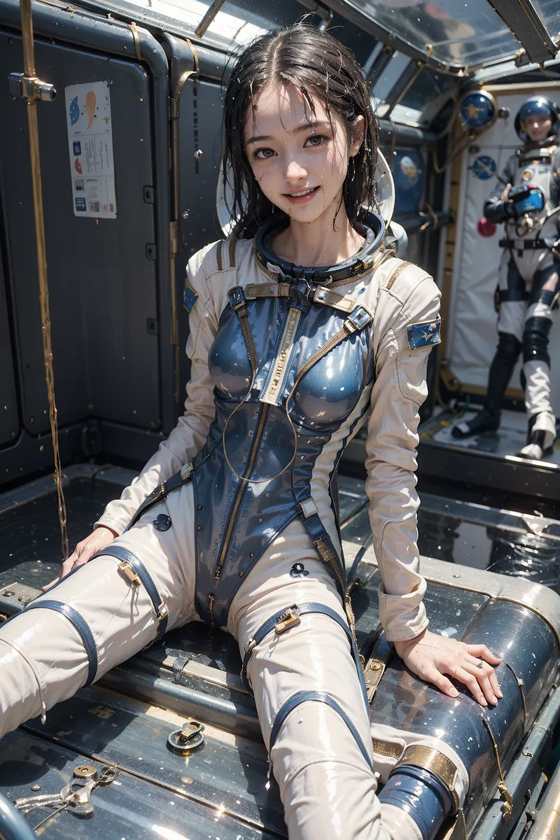 宇宙ステーション内で宇宙服を身に纏った美少女のポートレート。清潔感のある白とネイビーの配色、金色のベルトやハーネスが施された本格的なスーツ姿で、カメラに向かってやさしく微笑んでいます。アニメ調の精緻な描写です。