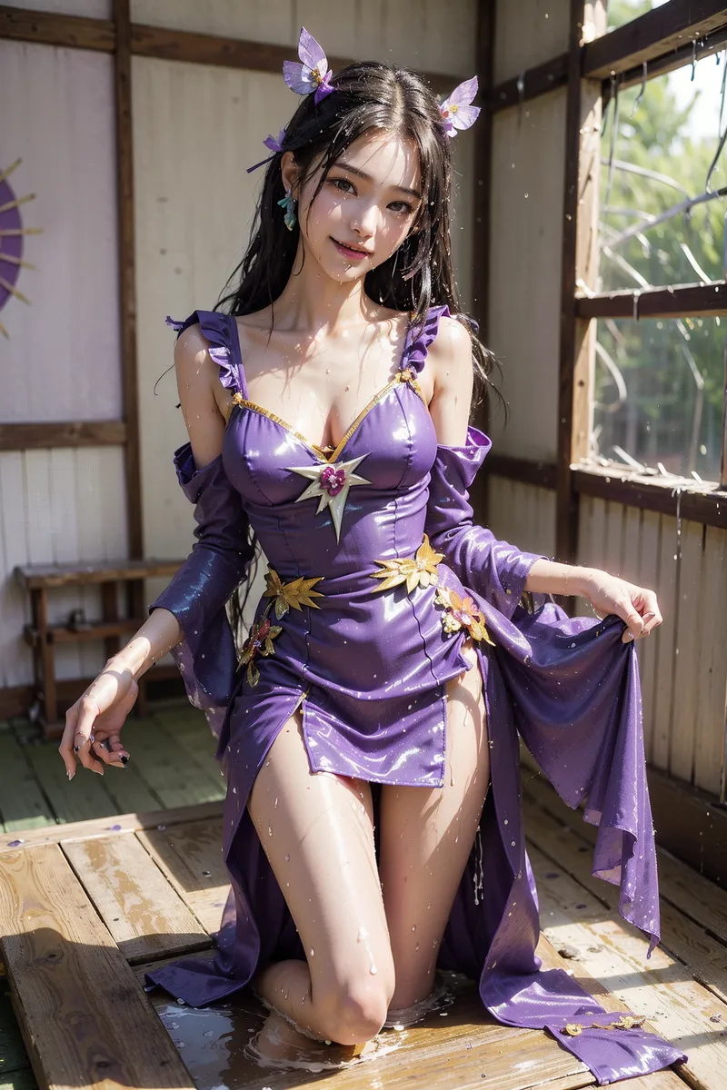 蝶の髪飾りと星モチーフが輝く紫色の優雅なドレスを身にまとった美少女のアニメ調イラスト。光差す和風の建物の中で、しとやかな表情で佇む幻想的なキャラクターです。