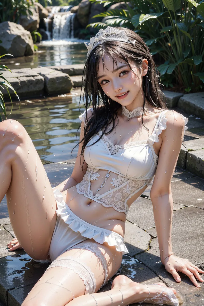 清涼感あふれる滝を背景に、黒髪に白いレース衣装で微笑む美少女のポートレートです。自然光が肌を照らし、水しぶきが光る爽やかな屋外撮影の一枚。