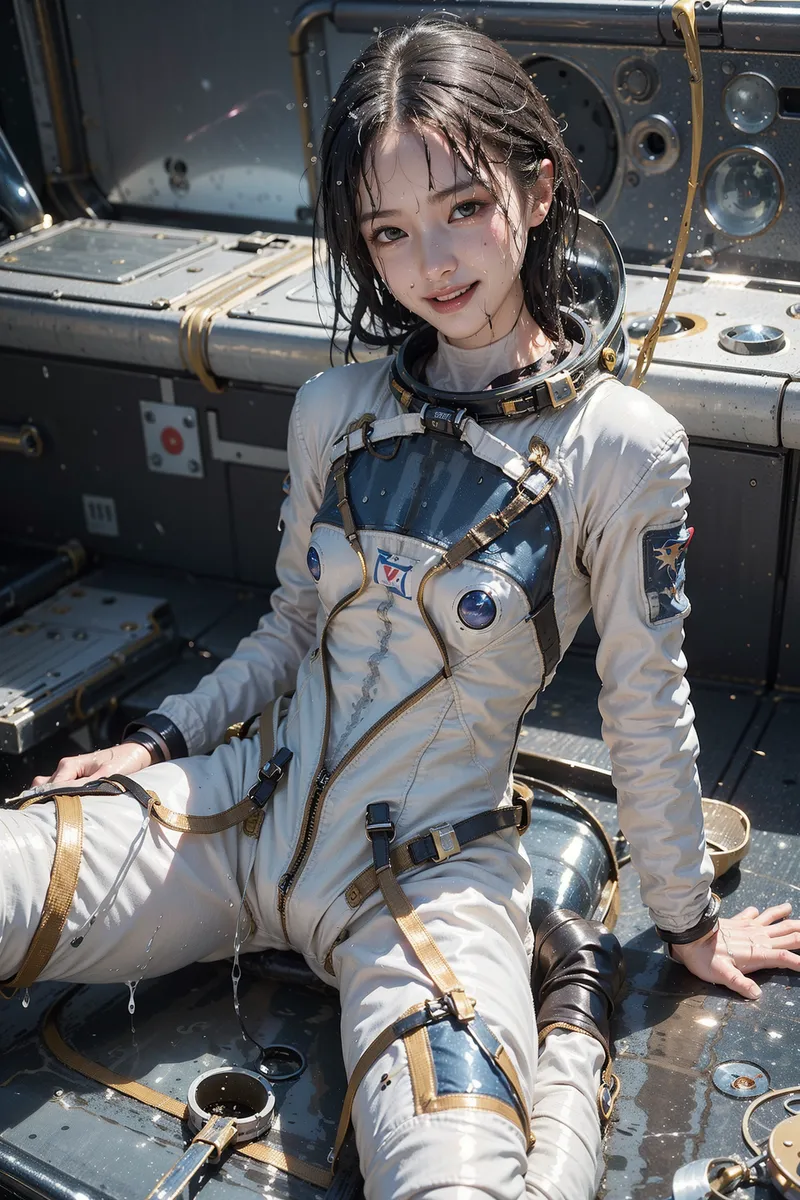 宇宙船のコックピット内で、白と紺色の宇宙服に身を包んだ黒髪の少女がカメラに向かって微笑んでいます。ゴールドのハーネスと金属的な装備に囲まれた、近未来的でアニメ調の雰囲気が印象的なイラストです。