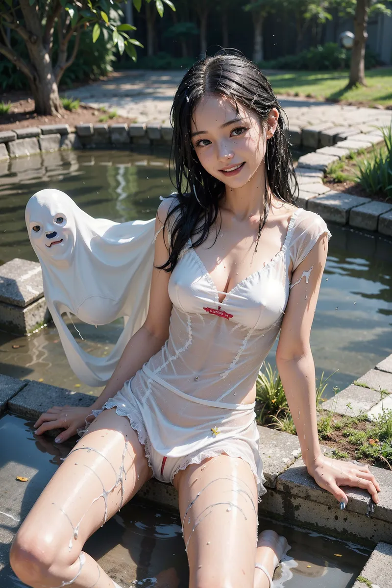 緑豊かな庭園の池畔で、白い衣装に身を包んだ美少女がカメラに微笑みかけます。濡れた髪と肌に陽光が反射し、自然な背景との調和が印象的なアニメ調ポートレート作品です。