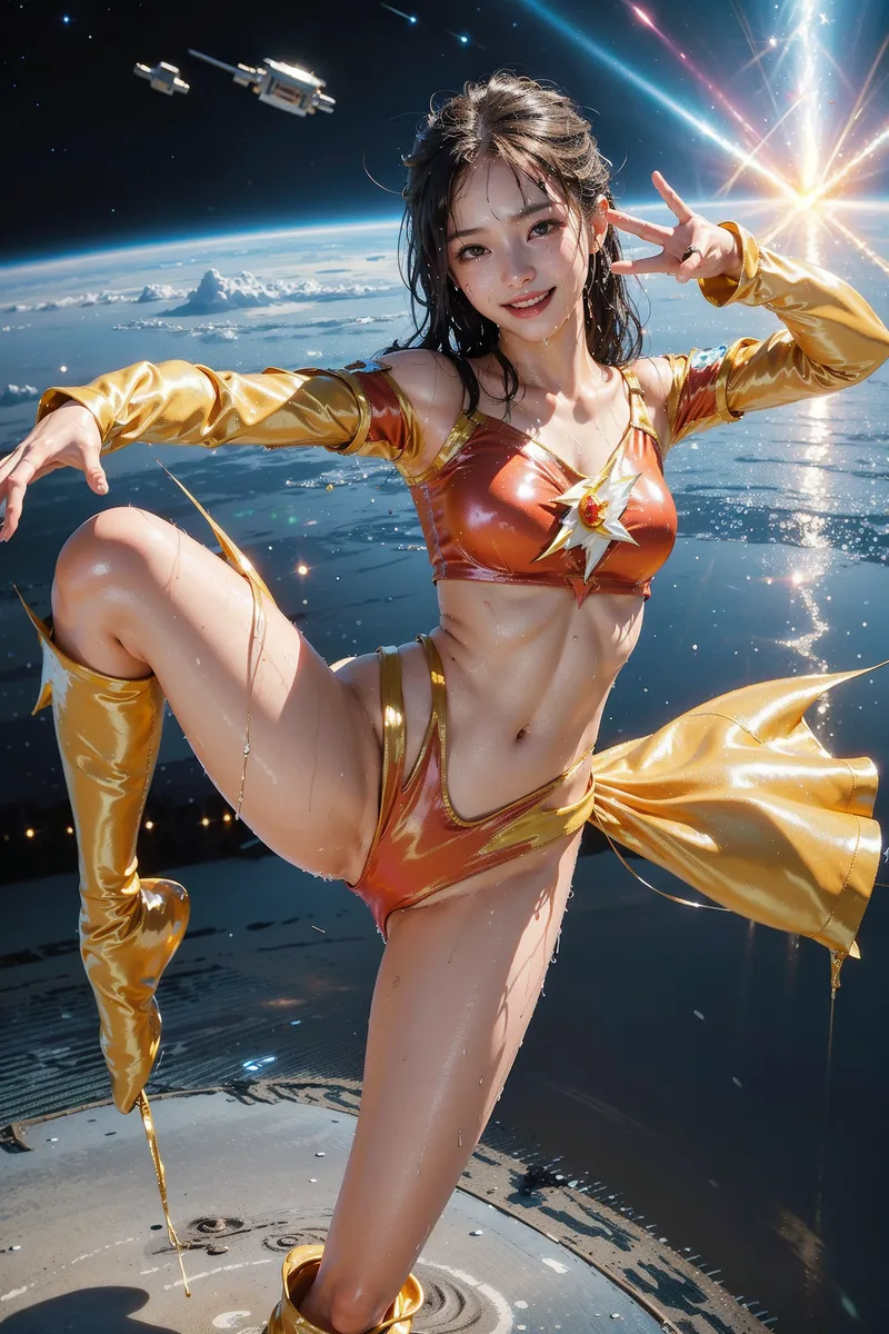 地球を背景に宇宙ステーション上に立つ少女が、金色と赤系のシャイニーな衣装で華やかに笑顔を見せるアニメ調のイラストです。流れる黒髪と瞳の輝き、宇宙的な光の演出が印象的な作品。
