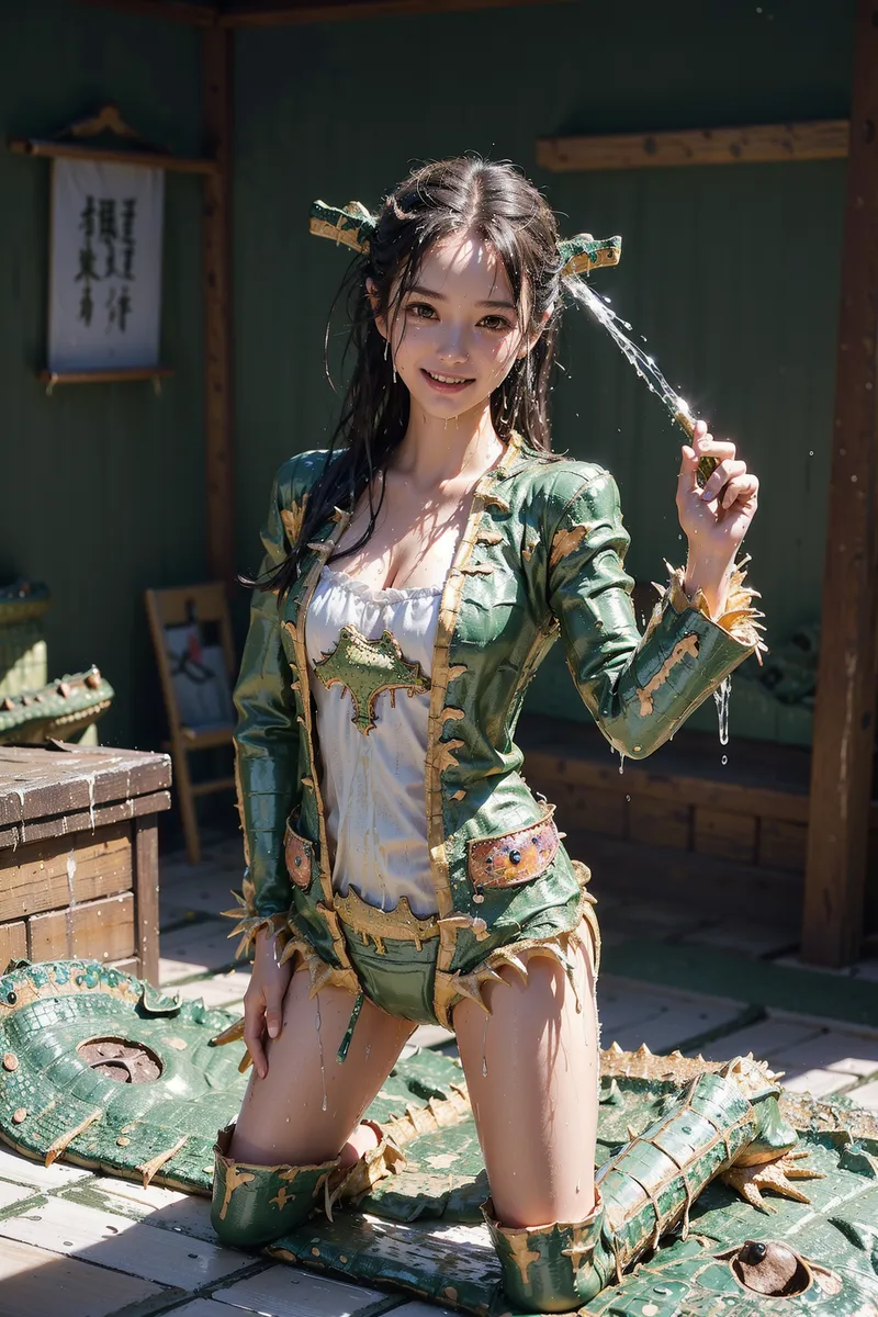 緑と金色の東洋風衣装に身を包んだ少女が、優雅な扇を手に爽やかな笑顔を見せています。古風な建物を背景に、日光が柔らかく差し込む中での一枚。