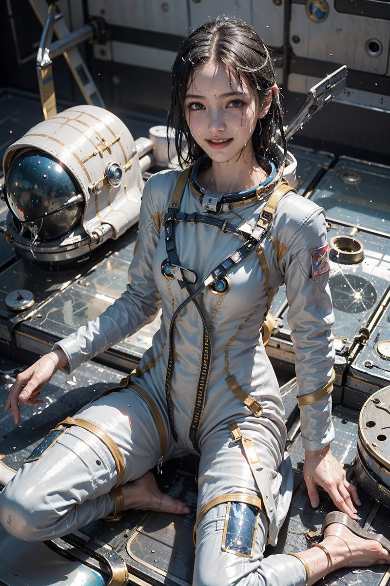 白とグレーのカラーリングで統一された宇宙服を身に纏い、宇宙ステーション内で笑顔を見せる美少女のポートレート。ヘルメットと複雑なハーネス、背景の機器がSF世界の緊張感とリアリティを演出しています。