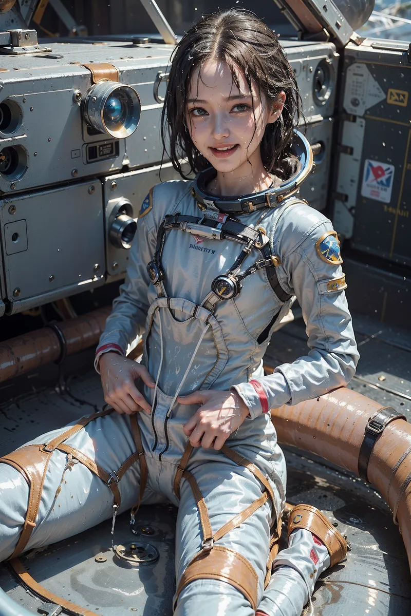 宇宙船内で宇宙服を着用した美少女が、爽やかな笑顔でカメラに向かっています。白とベージュの宇宙服に茶色のハーネスが装備され、背後には複雑な機械装置が映るアニメ調のイラストです。
