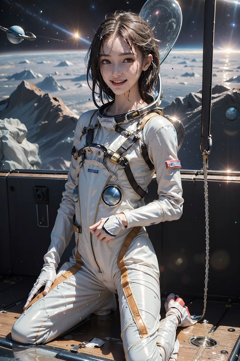 白い宇宙服に身を包んだ黒髪の少女が、雪に覆われた山々と惑星が浮かぶ宇宙ステーションの窓辺で微笑んでいます。未来的な宇宙探査の世界観を描いたアニメ調イラストです。
