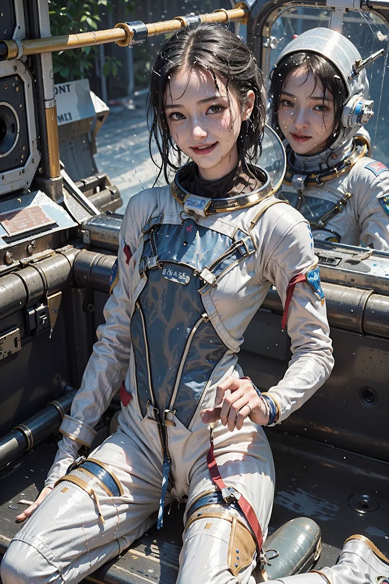 白とブルーの宇宙服に身を包んだ美少女が、宇宙ステーション内で明るく微笑む。金属パイプが張り巡らされた背景の中、濡れた髪と爽やかな表情が印象的なシーンです。