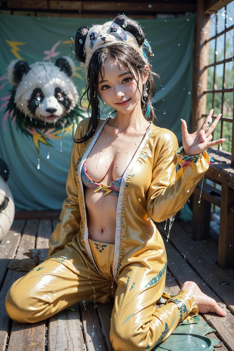 黄色い開襟の衣装に身を包み、優しい笑顔で手を振る美少女のポートレート。背景には親しみやすいパンダのアートが飾られ、木製の床と日光が溢れる温かみのある空間が表現されています。
