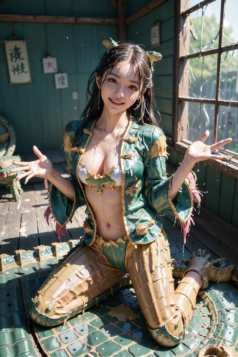 緑色の和風家屋で、金色と深緑の装いを身につけた美少女が爽やかな笑顔を浮かべています。古い建具と日光が窓から差し込む、静かで落ち着いた雰囲気のアニメ調イラストです。