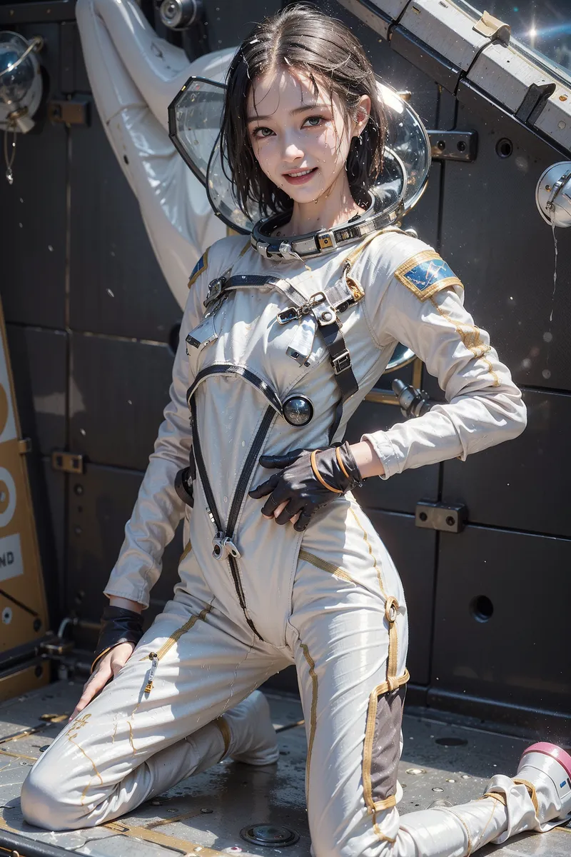 白とゴールドの宇宙服に身を包んだ美少女が、宇宙ステーションの内部で優しい笑顔を浮かべています。透明なヘルメットと精密機器に囲まれた未来的な環境で、冒険心あふれる表情が印象的なアニメ調イラストです。