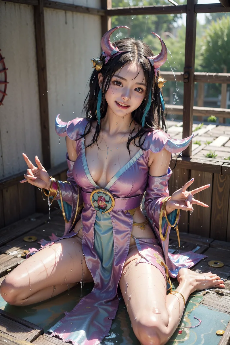 黒髪に紫のグラデーション衣装、金色の角飾りをつけた美少女が、屋外の木造建築内で爽やかな笑顔を見せています。水のしぶきが舞う幻想的なアニメ調の一枚です。