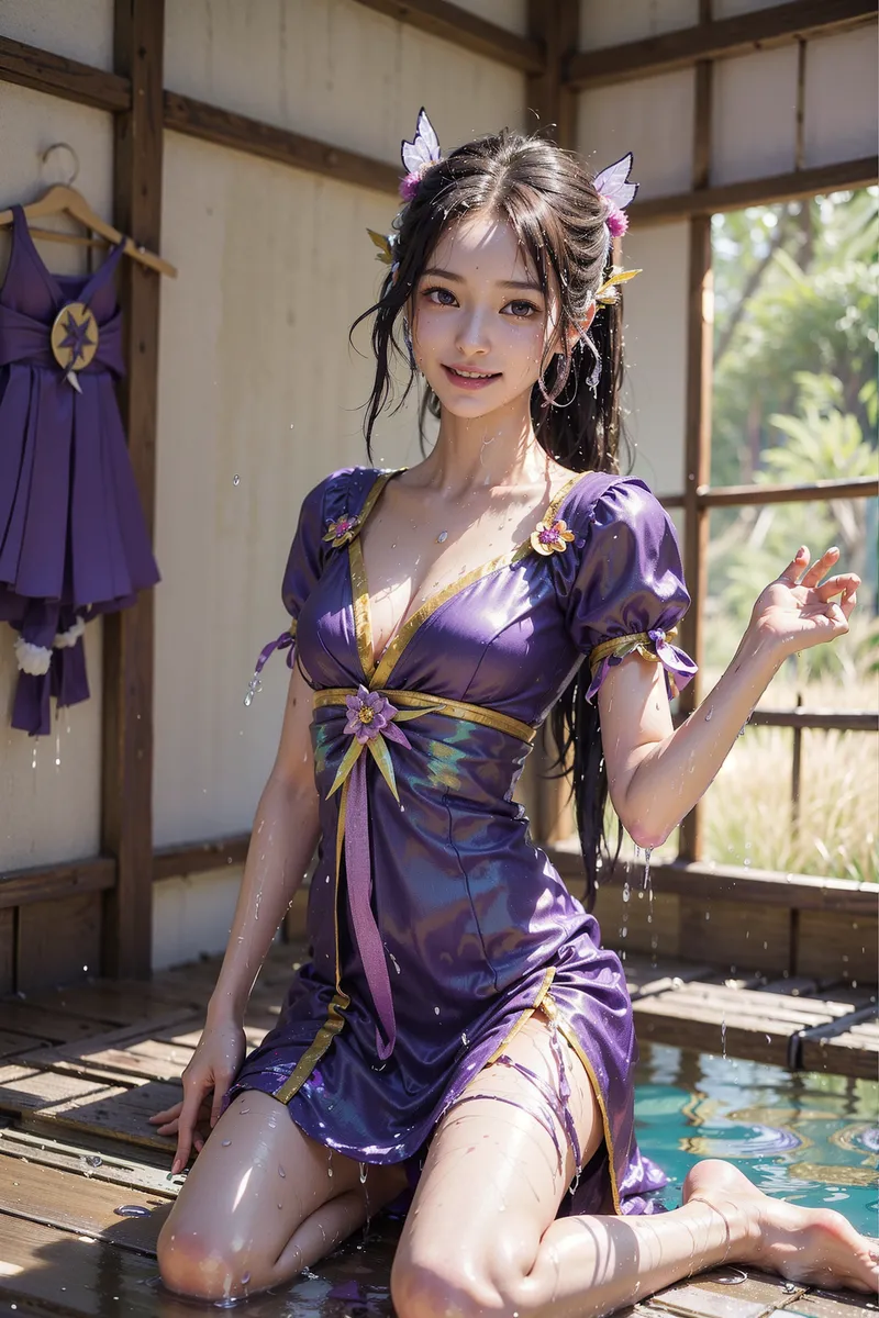 紫色の上品な和装を身にまとい、花飾りのヘアアクセサリーで彩った美少女がしたり顔で微笑みます。古民家の和室で窓からの自然光が柔らかく照らす、清潔感あふれるアニメ調イラストです。