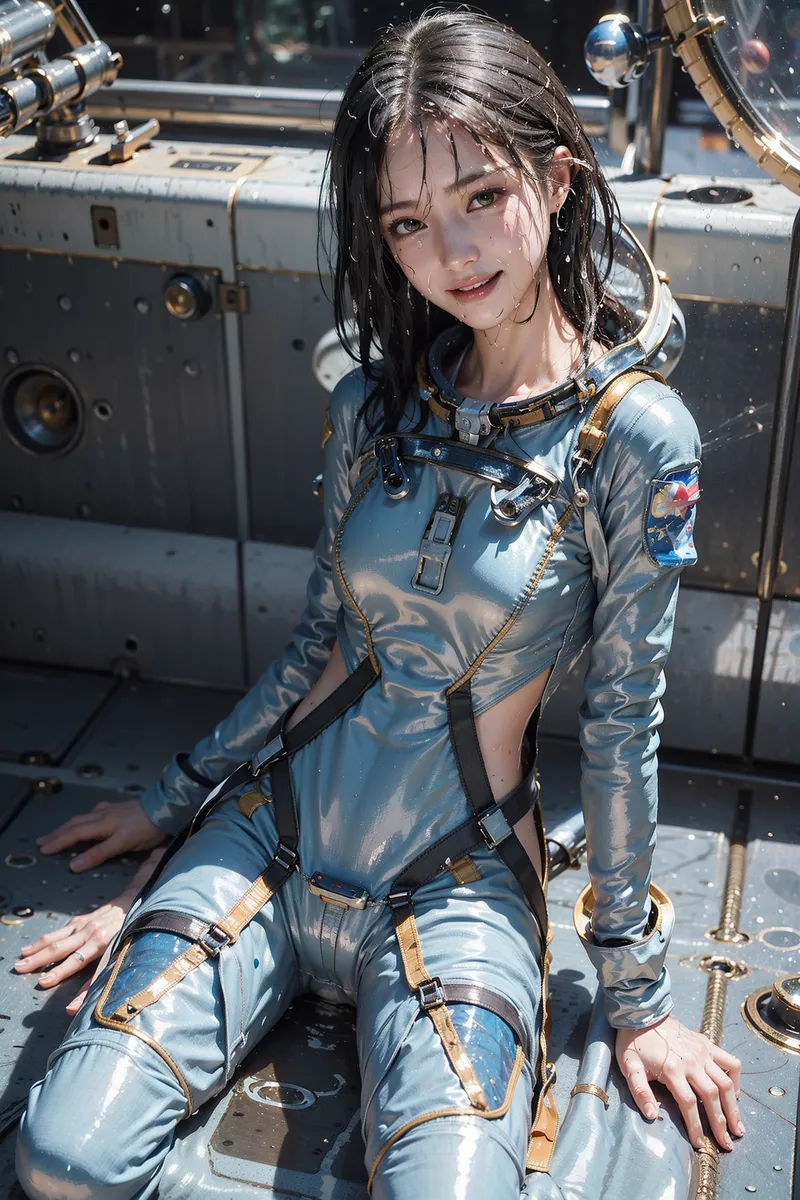 宇宙船の船内を背景に、青いテクノロジースーツを身に着けた少女が爽やかな笑顔で佇んでいます。黒髪が光に映える未来的なポートレートです。
