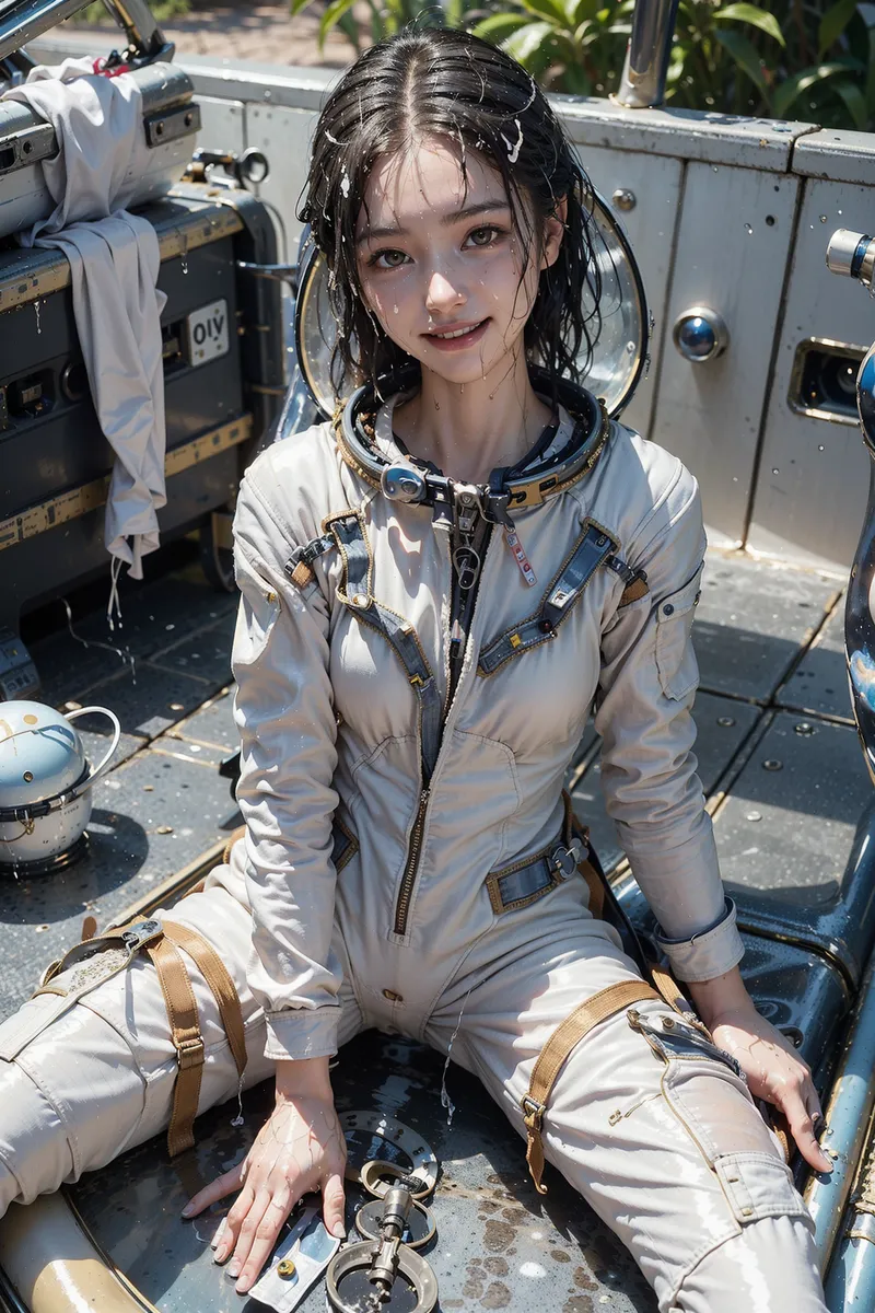 白いスペーススーツを身に纏い、濡れた黒髪から優しい笑顔を浮かべる美少女。屋外の明るい日差しの中、宇宙機材に囲まれた背景で、タンなめかしい表情を見せています。
