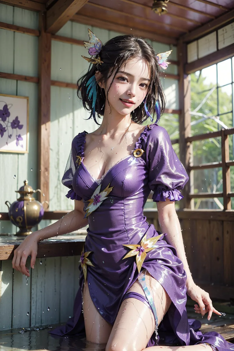 紫色のエレガントなドレスに蝶の装飾をあしらった美少女のポートレート。和風の落ち着いた室内で、柔らかい日差しが差し込む中、優美な笑顔を浮かべています。