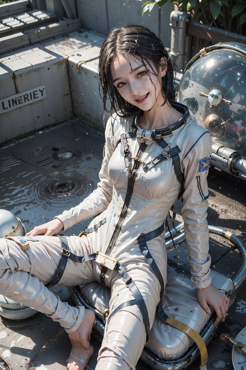 白いスペーススーツを身にまとい、黒いハーネスで装備を整えた少女が、陽光あふれる屋外で優しく微笑んでいます。宇宙船の機材に囲まれた背景で、未来的な世界観を表現したアニメ調イラストです。