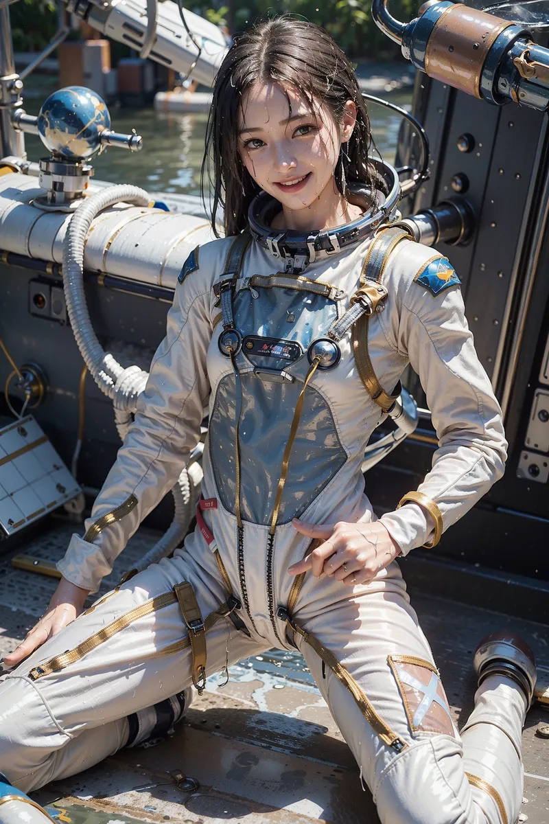 白とブルーの宇宙服に身を包み、船上で満面の笑みを浮かべる少女。金色のハーネスと複雑な機器に囲まれた晴天の船上で、爽やかな表情を見せるSF的なイラストです。