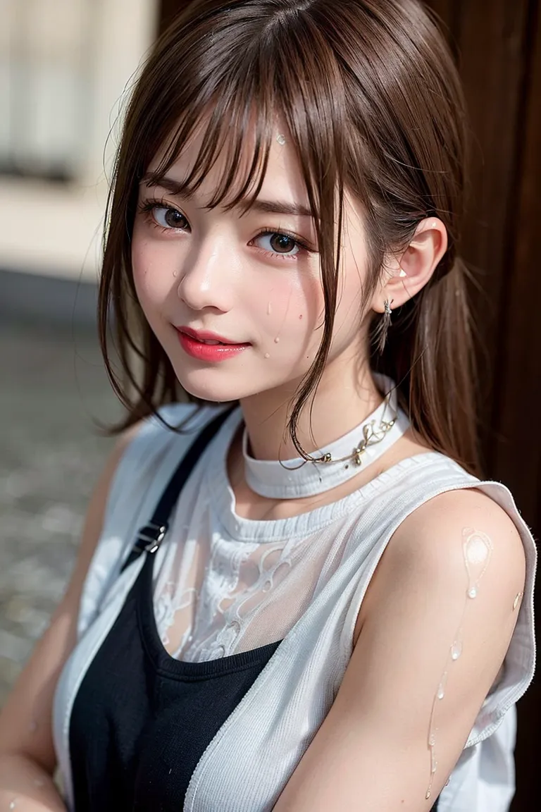柔らかい茶髪にバングスを配したレイヤードボブが印象的な美少女の横顔ポートレート。赤いリップと清楚な瞳、チョーカーと胸元のアクセサリーで上品にまとめられたスタイルです。