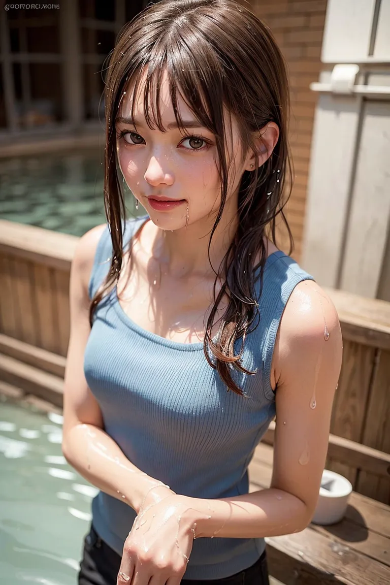 浴室の木製建築内で、濡れた黒髪が肩にかかる美少女が静かに佇む様子をとらえたイラスト。青いノースリーブから差し込む光が肌を照らし、儚げで見つめるような眼差しが印象的な一枚です。