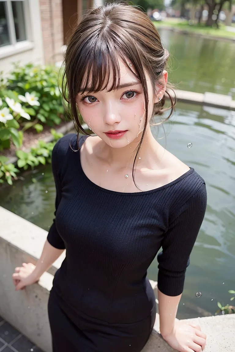 黒いリブニットを身にまとい、水辺の静かな庭園で佇む美少女の上品なポートレート。前髪が顔を柔らかく飾り、透明感のある肌と深い瞳が印象的です。