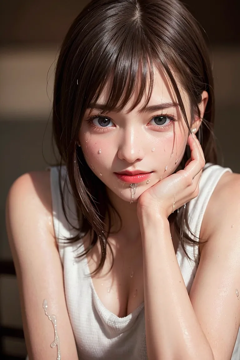 黒髪のセミロングに前髪を揺らし、白のシンプルなトップスで正面を見つめる美少女。頬に輝く水滴が清涼感を漂わせ、柔らかな光に照らされた素朴で透明感のあるポートレート作品です。