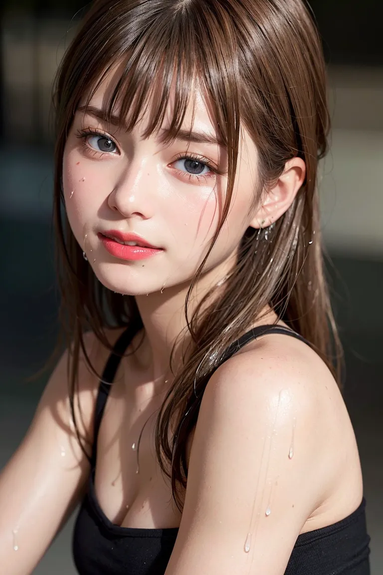 透明感のある肌と深い瞳が印象的な女性が、しっとりとした雨の中で振り返る一瞬を捉えたポートレートです。黒髪の柔らかなレイヤーカットと清楚な表情が、静寂の中に感情的な深さを映し出しています。