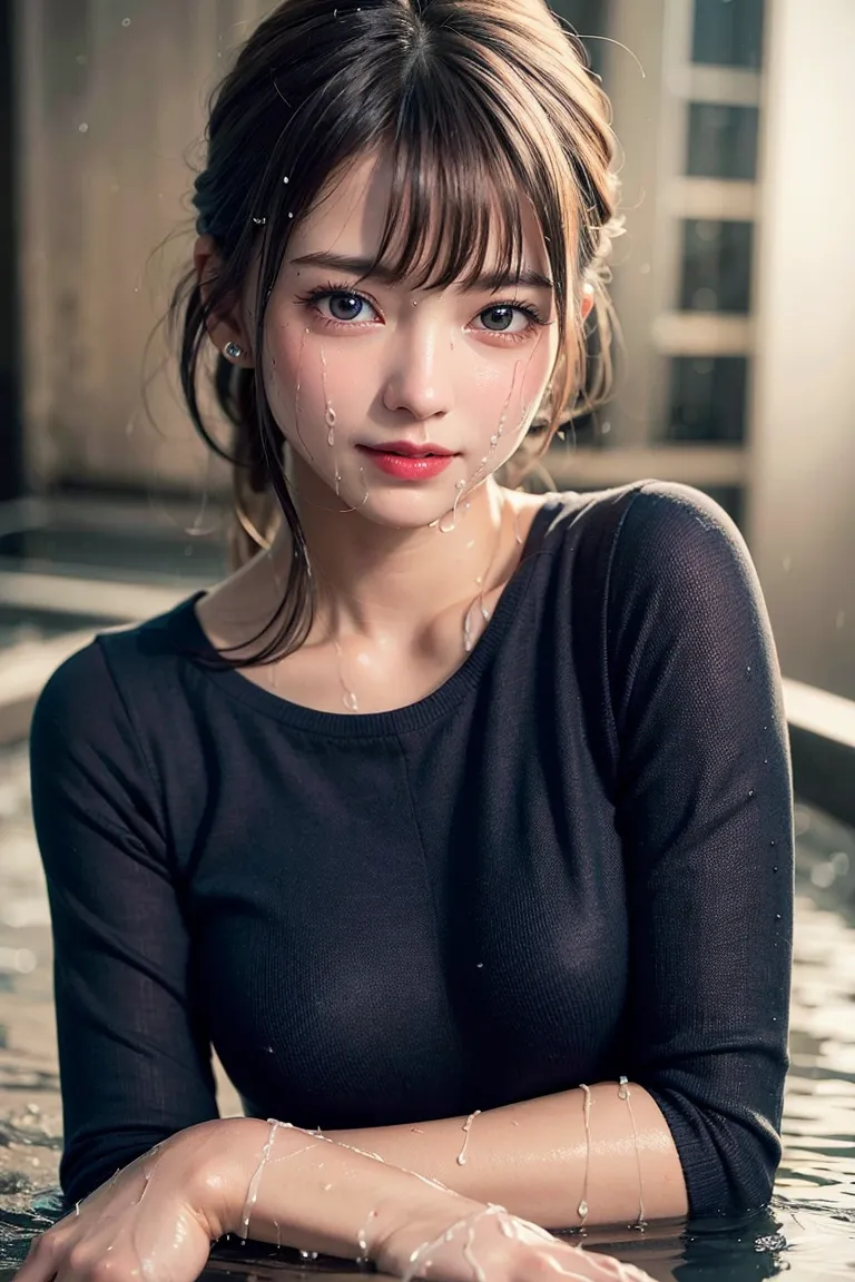 黒いニット姿の少女が、都会のビルを背景に物思いにふける姿を捉えた繊細なポートレート。頬を伝う水滴や前髪の優しい流れが、内省的で儚い雰囲気を演出する作品です。