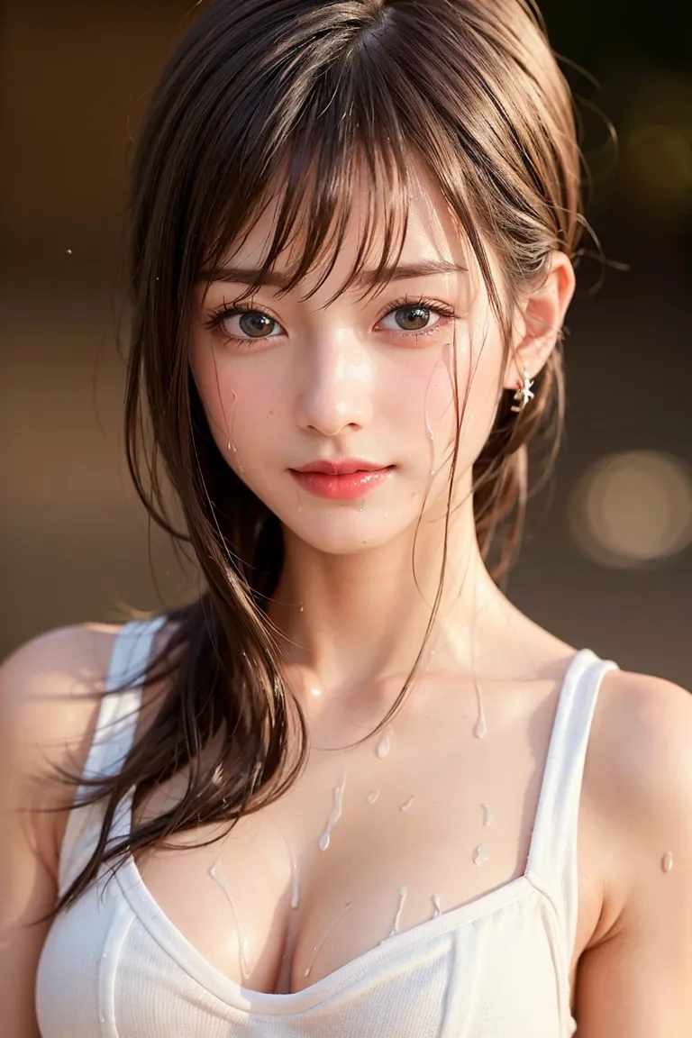 濡れたような光沢感のある肌と、前髪がかかった清潔感のある表情が印象的なポートレート。白いシンプルなトップスに身を包み、長い茶髪が柔らかく流れた構図は、柔らかな自然光に照らされています。