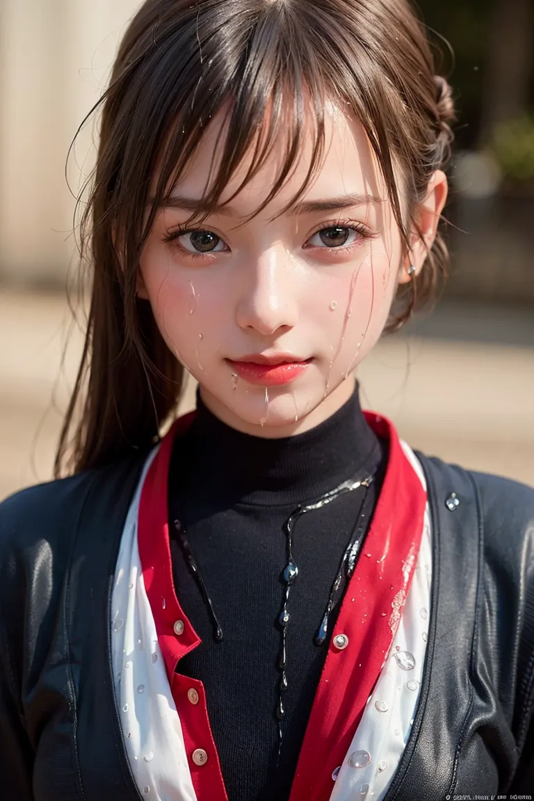 雨粒が頬に残る、都会的な少女のポートレート。黒いタートルネックに赤と白のスカーフをあしらい、物思いに沈んだ瞳で前を見つめます。洗練された表情と湿り気のある肌の描写が印象的な一枚。