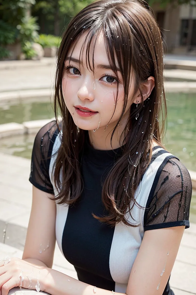庭園の水辺を背景に、清潔感のある黒と白の配色トップスを身につけた黒髪ロングの少女が、優しい眼差しで微笑むポートレート作品です。自然光に輝く髪と、落ち着いた色調が上品な雰囲気を演出しています。