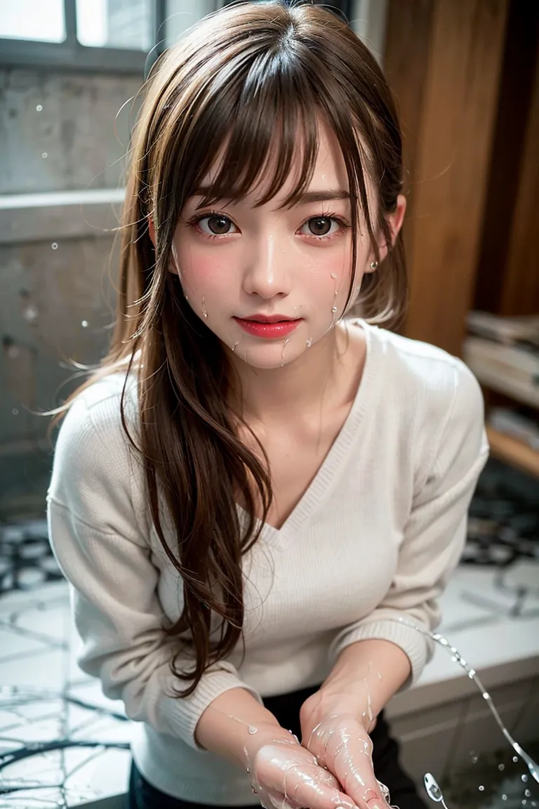 白い長袖ニットを身に纏い、自然光が優しく頬を照らす室内での一枚。前髪が印象的な長髪の美少女が、静寂の中で優雅な表情を見せます。