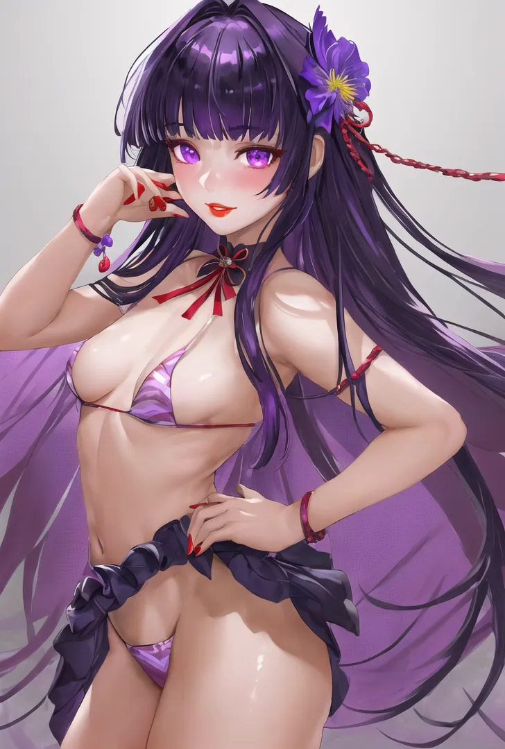 深紫色の長髪に花飾りをあしらい、紅い瞳が印象的な美少女のAI生成イラスト。赤いリボンアクセサリーと紫系の衣装で統一された、優雅で自信に満ちた表情が魅力です。