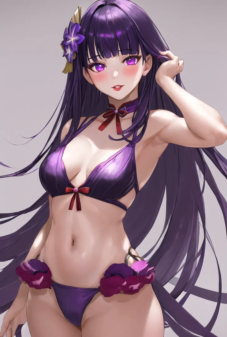 深紫色の長髪に花飾りとリボンをあしらった、優雅な雰囲気の女性イラスト。鮮やかなマゼンタの瞳と柔らかな表情が印象的な、高品質なデジタルアート作品です。