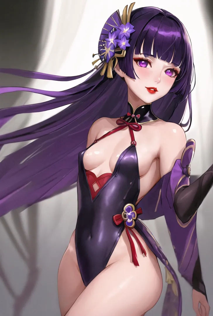 深紫色の長髪に花飾りを添えた、和風テイストの優雅なポートレート。黒と紫のアニメ調衣装に赤いリボンをあしらい、幻想的な背景に映える妖艶な表情が特徴です。