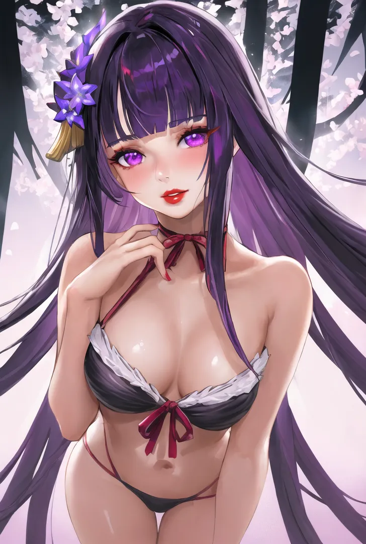 深紫色の長い髪に紫の花飾りを添えた、アニメ調の美少女イラストです。紫色に輝く瞳と赤いリップが印象的で、背景の白い花びらが幻想的な雰囲気を演出しています。