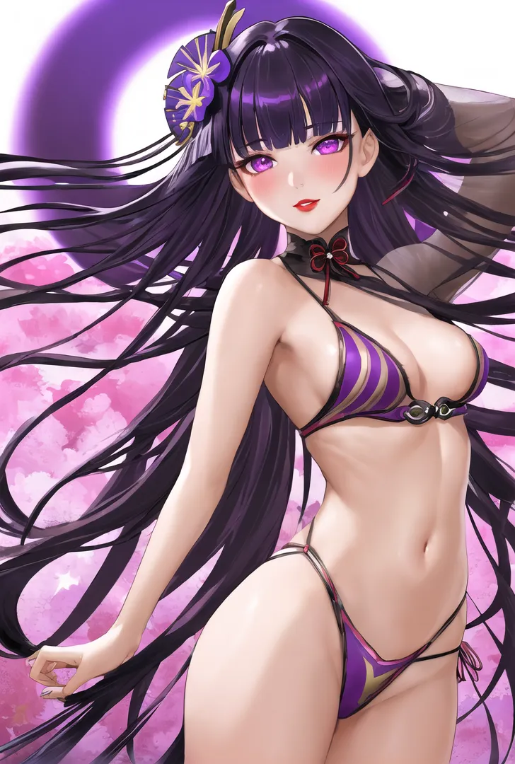神秘的な紫色の光に包まれた黒髪の少女が、優雅な表情で振り向く姿を描いたファンタジーイラストです。紫と金色で装飾されたヘッドドレスと、流れるような長い黒髪が印象的な一枚。