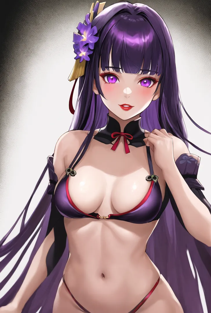 深紫色の長い髪に紫の花を飾った、幻想的な雰囲気の美少女イラストです。輝く紫色の瞳と優雅な表情、黒と赤のリボン装飾が神秘的な世界観を演出しています。