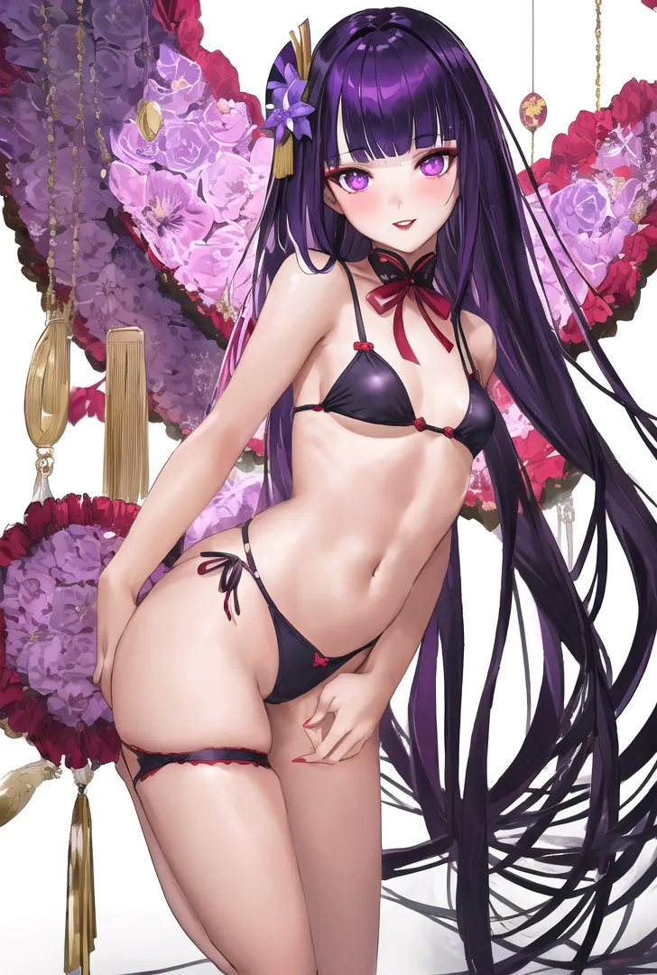 深紫色の長い髪と鮮やかな紫と赤のバラに囲まれた、優雅な雰囲気の美少女イラストです。金色のタッセルで飾られた背景、赤いリボンの髪飾り、白く透明感のある肌、そして紫色の瞳が印象的なアニメ調の作品。