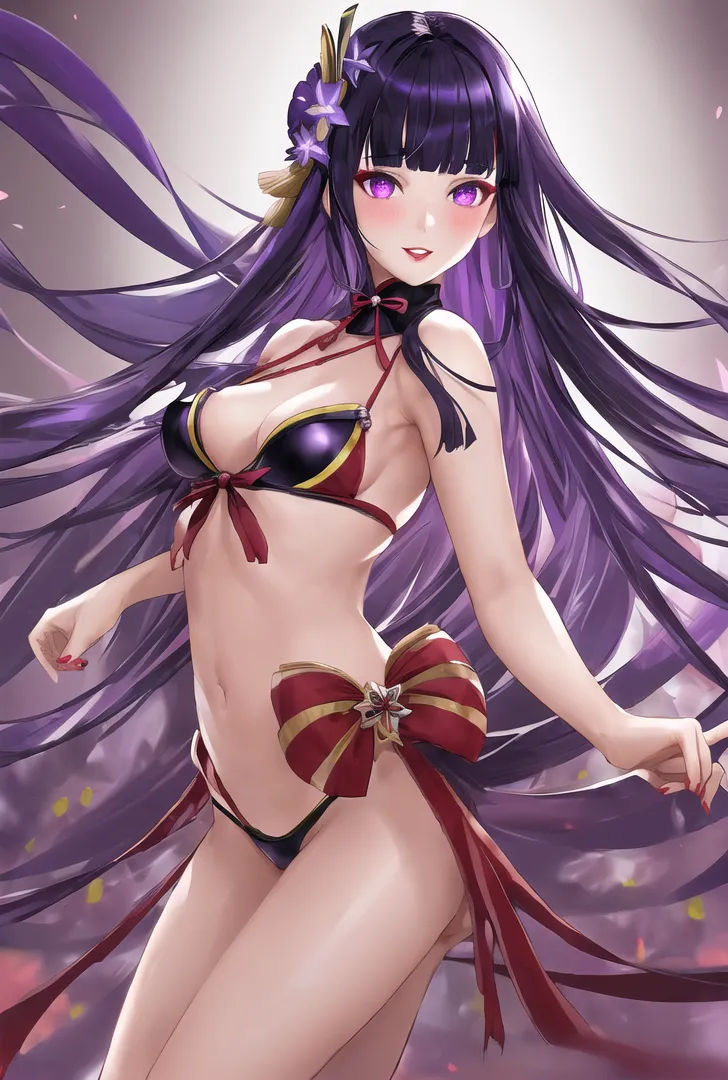 長く流れる紫色の髪と鮮やかな紫眼が印象的な、ファンタジック世界観の美少女イラストです。黄金の装飾が施された衣装と花飾りで彩られ、神秘的で優雅な雰囲気が漂っています。